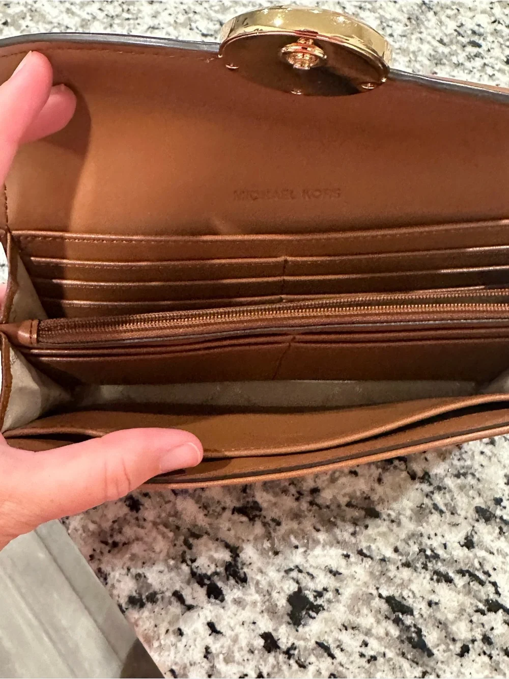 Michael Kors Tan Brown Leather Continental Wallet with Gold MK Emblem